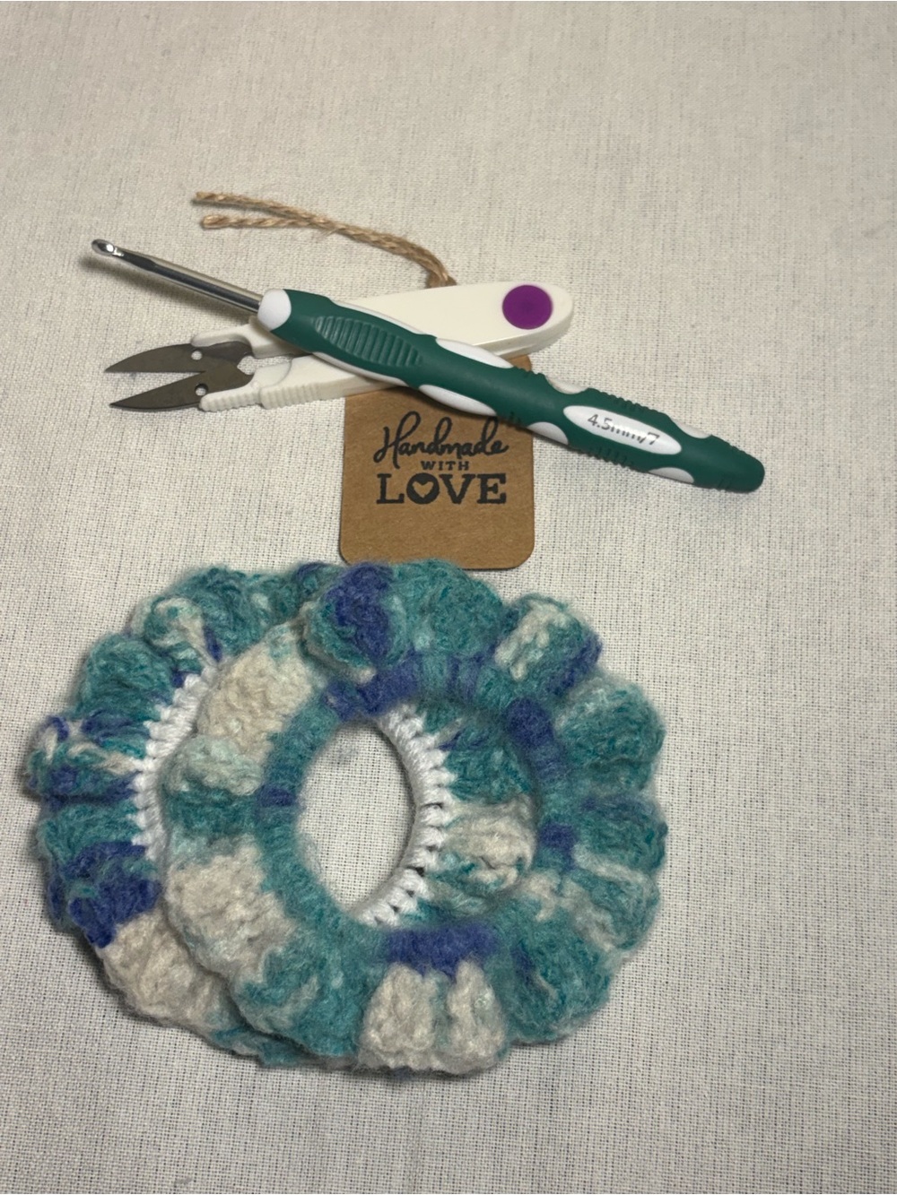 Handmade Crochet Scrunchies in Teal, Blue & Cream